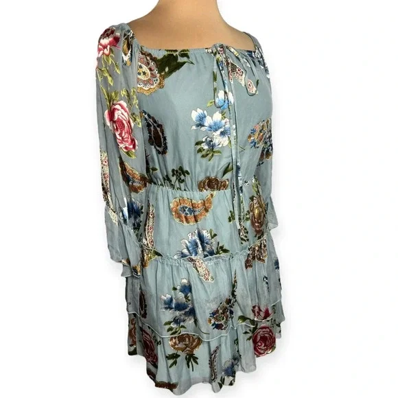 Alice + Olivia Aqua Multicolor floral Waylon Off-the-Shoulder Blouson Dress sz 6